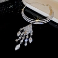 Elegant multi-layer sparkling crystal and pearl choker necklace with long dangle tassels for women - Chain Only / 52# Silver Multi-layer Pearl Tassel