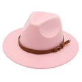 Pink felt fedora hat with brown leather belt buckle detail on a clean white background - One Size / Pink