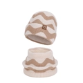 Winter knit hat and neck warmer set in khaki and cream zigzag pattern with fleece lining - Beige