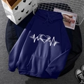 Dark blue fleece hoodie with white heart EKG print and adjustable drawstring hood - S / Tops / Dark Blue