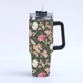Detail of vintage floral print on a 40oz stainless steel tumbler with handle and straw - 40oz / Dark Green Vintage Carnation-6