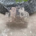 Handmade rose quartz crystal hair comb with silver Triple Moon Goddess ornament detail - Rose Quartz Silver Wire Silver Moon