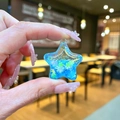 Macro detail of blue glitter pentagram star resin pendant with snowflake sequins - No Keychain / Blue
