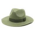 Close-up of olive green straw fedora hat featuring breathable woven texture and ribbon - M (56-58cm) / Army Green