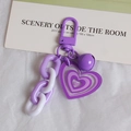Purple double-layered heart keychain with matching bell and colorful chain link - Purple