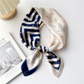 Navy blue and cream silk square scarf with classic polka dots and geometric V-stripes - Navy with Pink Dots and V-Stripes