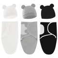 Detailed view of soft cotton baby swaddle blankets and bear ear hats in white, grey, and black - Black/White/Grey 3-Pack Swaddle + Hat Set