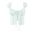 Französisches Vintage-Oberteil mit Puffärmeln, blauem Blumenmuster und Schleifen - S / Blumenmuster