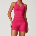 Set da yoga due pezzi fucsia con top allacciato al collo e pantaloncini a vita alta - Taglia S / Top E Pantaloni / Canotta + Pantaloncini / Rosso Lampone