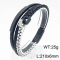 Pulsera multicapa para hombre de cuero trenzado negro con cadena de acero inoxidable plata - Negro