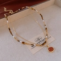 Detail of beaded necklace with gold chain and reddish brown sandstone heart pendant - 6# Gold-Coffee-Orange Red-Real Gold Plated (2-Piece Set)