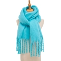 Thick turquoise mohair scarf with fringe tassels shown on a female mannequin - Blue