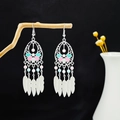Bohemian silver long tassel earrings with colorful beads and hanging metal feathers - E6109-11 Hollow Multi
