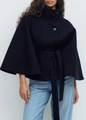 Women's dark navy woolen cape coat with stand collar, waist belt, and elegant button closure - S / Tops / Navy Blue