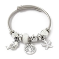 Silver bead bracelet with dolphin, tree of life, and starfish charms on a cable chain - Dolphin Life Tree Starfish (C2-020) / White