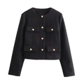 Detail of black cropped blazer featuring round neck and ornate gold embossed buttons - XS / Black