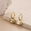Orecchini a doppio cerchio dorati con ciondolo occhio e zircone su pietra beige - Decorazione con strass / Stile Malocchio (ER-32)