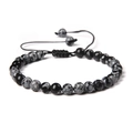 6mm black and grey stone beaded bracelet with adjustable woven braided cord - 6mm (Stretchable) / Imported Snowflake Stone