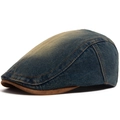 Berretto newsboy vintage in denim lavato blu con visiera in camoscio marrone - Regolabile (54-58cm) / Blu scuro