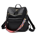 Classic black litchi pattern PU leather backpack with colorful ethnic style shoulder strap - Black