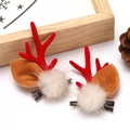 Cute red reindeer antler hair clips with white pom poms and brown fabric ears - Beige Faux Mink Fur Antler Clips-Red