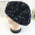 Fashionable black velvet beret with colorful sequins for women in a stylish side view - Purple Multi