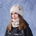 Beige winter knit hat and scarf set with jacquard pattern for outdoor cold protection - Beige