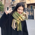 Thick mohair plaid scarf with tassels in green, brown and beige colors - Green Plaid