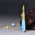 Opal hexagonal prism pendant necklace with golden floral cap on a natural wood base - Gold Opalite