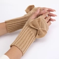 Chic khaki knitted fingerless gloves with bow decoration for women winter warmth - Beige