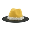 Detail of yellow jazz hat with black wide brim and elegant white pearl decorative band - M(56-58cm) / Yellow & Black