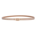 Elegant thin beige PU leather belt for women featuring a polished gold oval metal buckle - Khaki