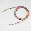 Close-up of colorful seed bead eyewear chain with silver lobster clasps and silicone loops - Style 6 (High Saturation Multi-color)