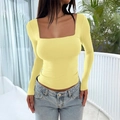 Slim fit yellow long sleeve top with square neck and Y2K fashion style design - XS / Yellow