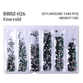 Emerald flatback rhinestones set in 6-grid box for nail art DIY designs - Mixed Sizes SS4-SS16 Around 1440 Pieces / Dark Green