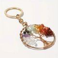 Golden Tree of Life keychain with natural colorful crystal stones on white background - Gold