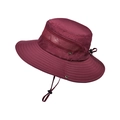 Men's wide brim outdoor fishing hat in burgundy with breathable mesh and chin strap - Burgundy