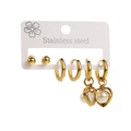 Detail of 6-pair gold stainless steel earring set featuring studs, hoops, and heart charms - Heart