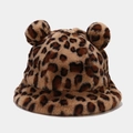 Detail of leopard print plush bucket hat with two cute pom-pom ears and soft faux fur texture - M(56-58cm) / Leopard Print