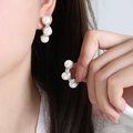 French vintage style earrings with three pearls on a curved silver titanium steel post - Silver
