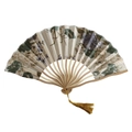 Beige Japanese folding hand fan with floral pattern, bamboo ribs and gold tassel - Curved Ribs Gold Flower