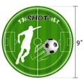 Green 9-inch soccer party paper plate with football player silhouette and Shot text - 9 Inch Plates / 16 Pieces Pack