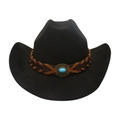 Sombrero de vaquero occidental negro clásico con banda de cuero trenzado y piedra turquesa - Talla única / Negro (Cuerda Cruzada)