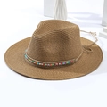 Cappello di paglia Panama marrone naturale con perline colorate e sottogola - M (56-58cm) / Marrone