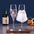 Romantic bride and groom champagne glass set with tuxedo and feather dress design - Lace Feather Wedding Dress Style (TSG-034-WH1)