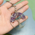 Detail of handmade silver wire tree of life keychain with purple amethyst natural stones - Tree of Life Keychain / Purple Crystal