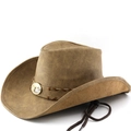Vintage bruine kunstlederen cowboyhoed met stierenkop-embleem en verstelbaar koord - M (56-58cm) / Aardbruin