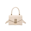 Beige crocodile embossed square handbag with golden metal clasps and detachable strap - Khaki
