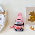 Pink cartoon school bus chest bag for kids with adjustable strap in a cozy setting - Pink