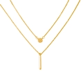 Minimalist double-layer gold necklace featuring round hammered and vertical tube pendants - Gold Hammered Disc & Bar Style (0636)